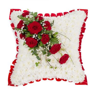Pillow SYM-333 - Pillows are chosen to signify a final, comfortable resting place and this design with red rose spray is the ideal final tribute. Pillow SYM-333 - Pillows are chosen to signify a final, comfortable resting place and this design with red rose spray is the ideal final tribute.
