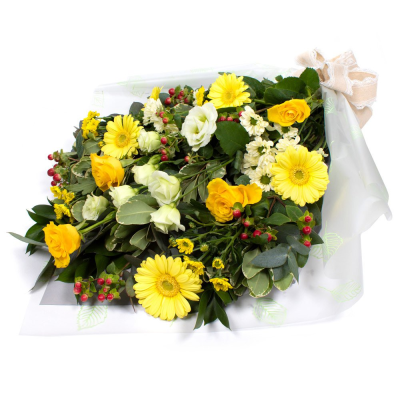Sympathy Flowers SYM-334 - A selection of yellow, cream and white flowers with contrasting foliage in cellophane. Sympathy Flowers SYM-334 - A selection of yellow, cream and white flowers with contrasting foliage in cellophane.