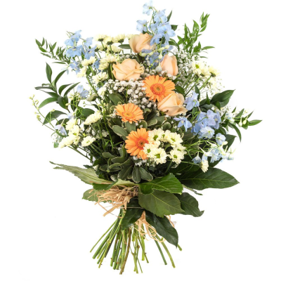 Tied Sheaf SYM-337 - This country style tied sheaf made using peach and blue flowers is an enduringly popular tribute. Tied Sheaf SYM-337 - This country style tied sheaf made using peach and blue flowers is an enduringly popular tribute.